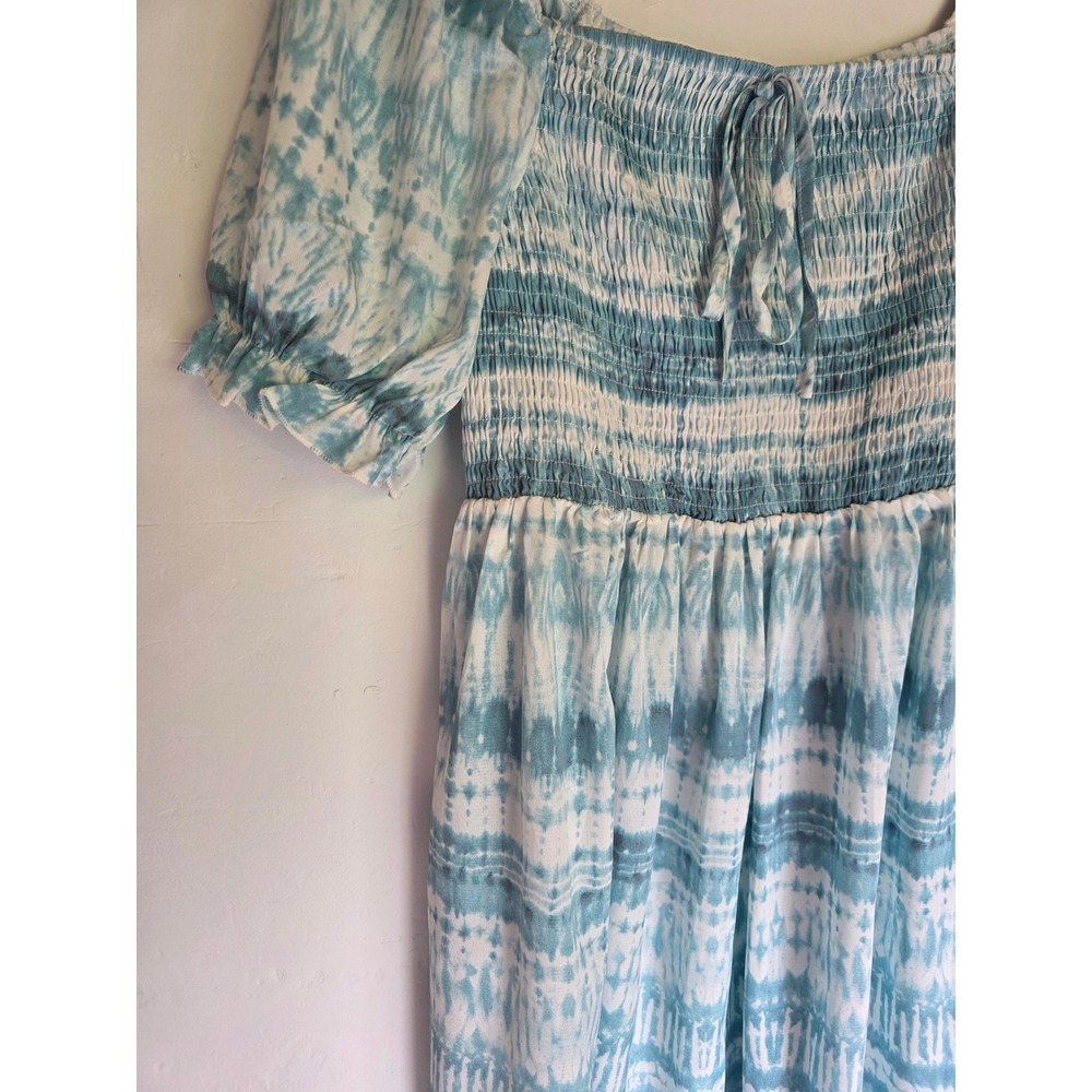 Suzanne Betro Blue White Tie Dye Smocked Puff Sleeve Midi Dress Small Pockets - Picture 2 of 7